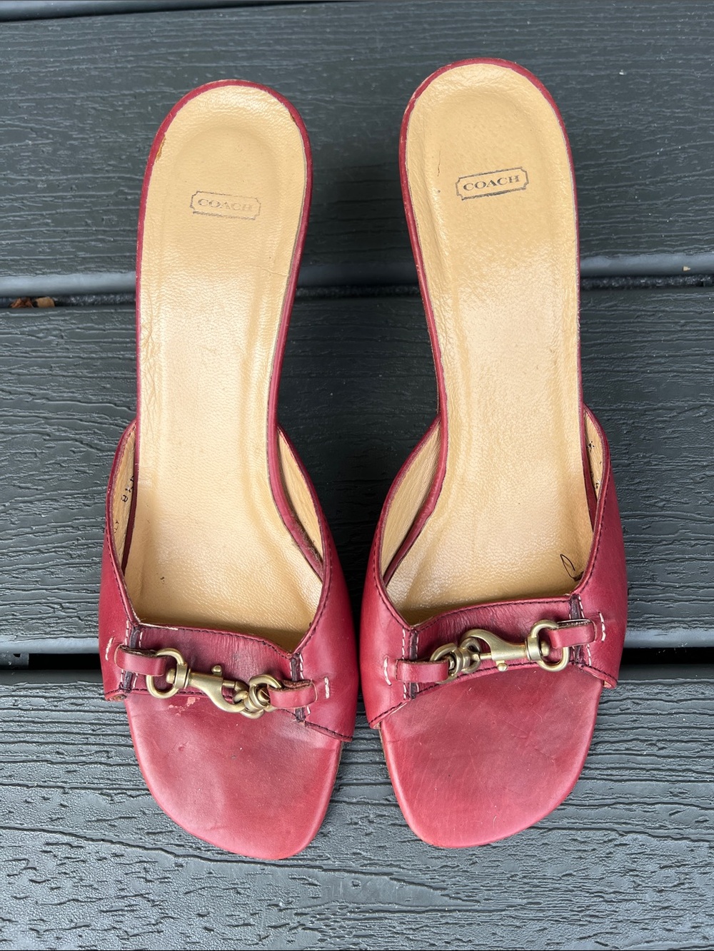 COACH Red Leather Slip-On Mules with Horsebit Detail